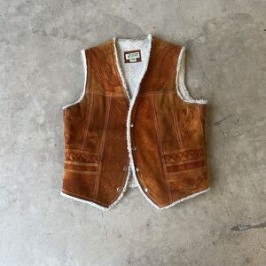 Genuine Leather Western Cowboy Vest Brown Sherpa Lining Island Engraving Mens 48